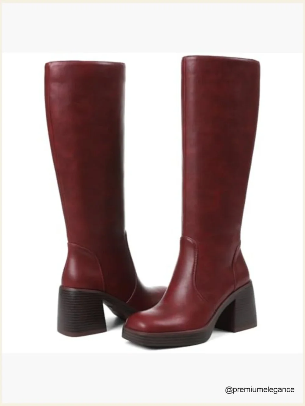 Faux Leather Platform Chunky Square Toe Heeled Knee High Boots